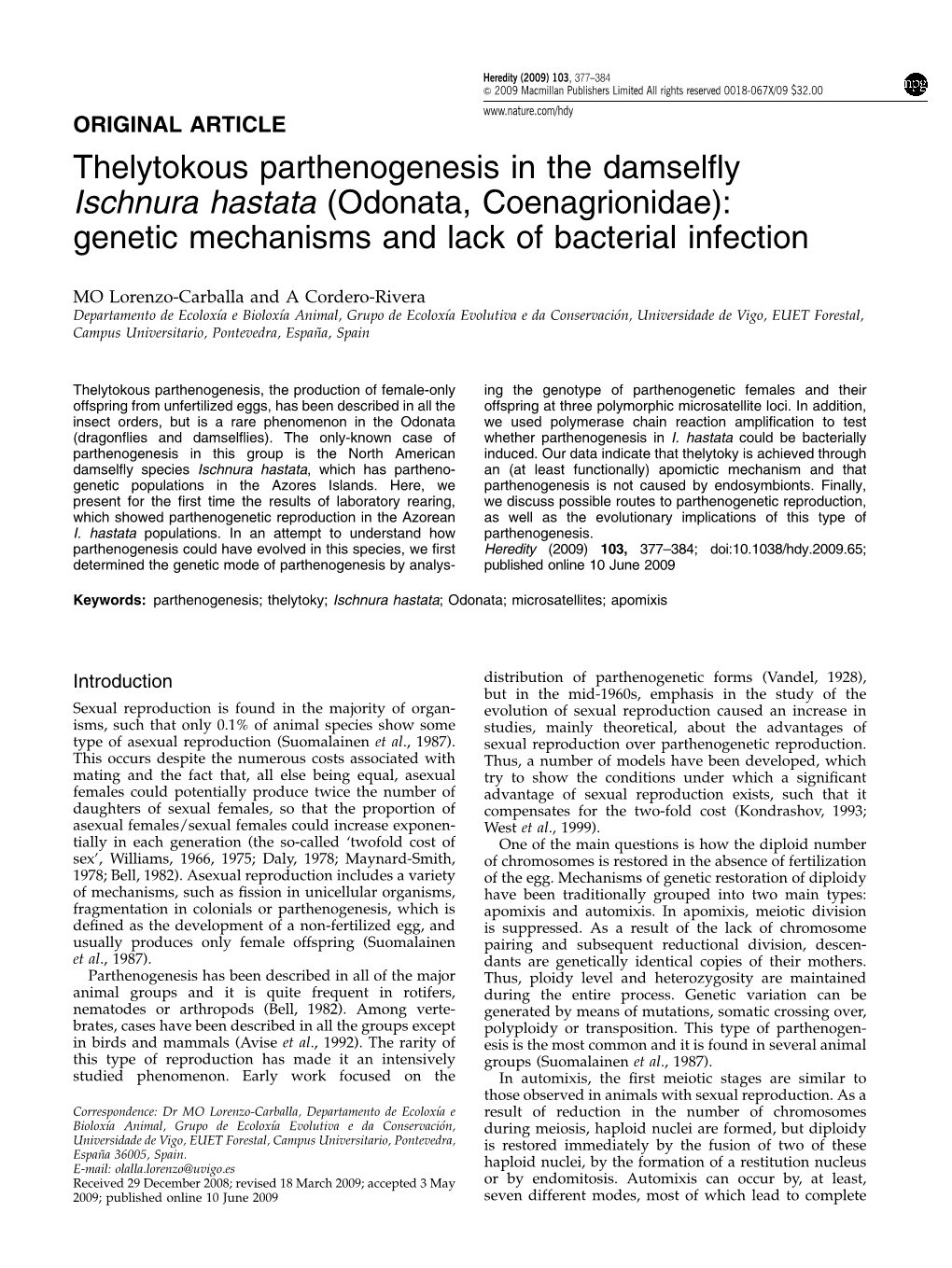 Thelytokous Parthenogenesis in the Damselfly Ischnura Hastata