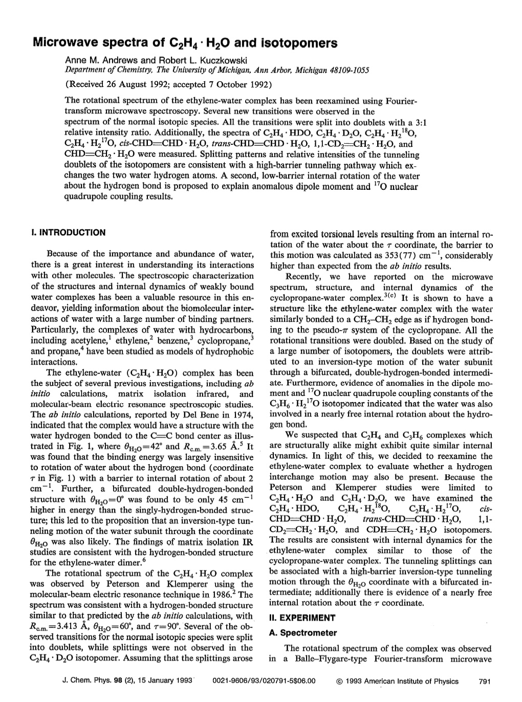 Microwave Spectra of C2H4 - Hz0 and Isotopomers Anne M