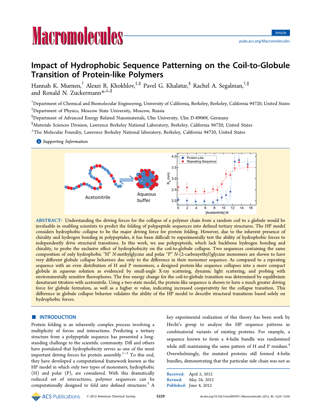 Impact of Hydrophobic Sequence Patterning on the Coil-To-Globule Transition of Protein-Like Polymers Hannah K