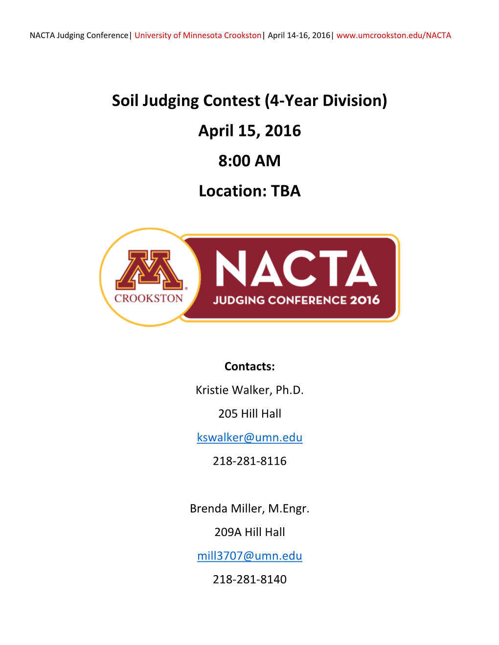 Soil Judging Contest (4-Year Division) April 15, 2016 8:00 AM Location: TBA