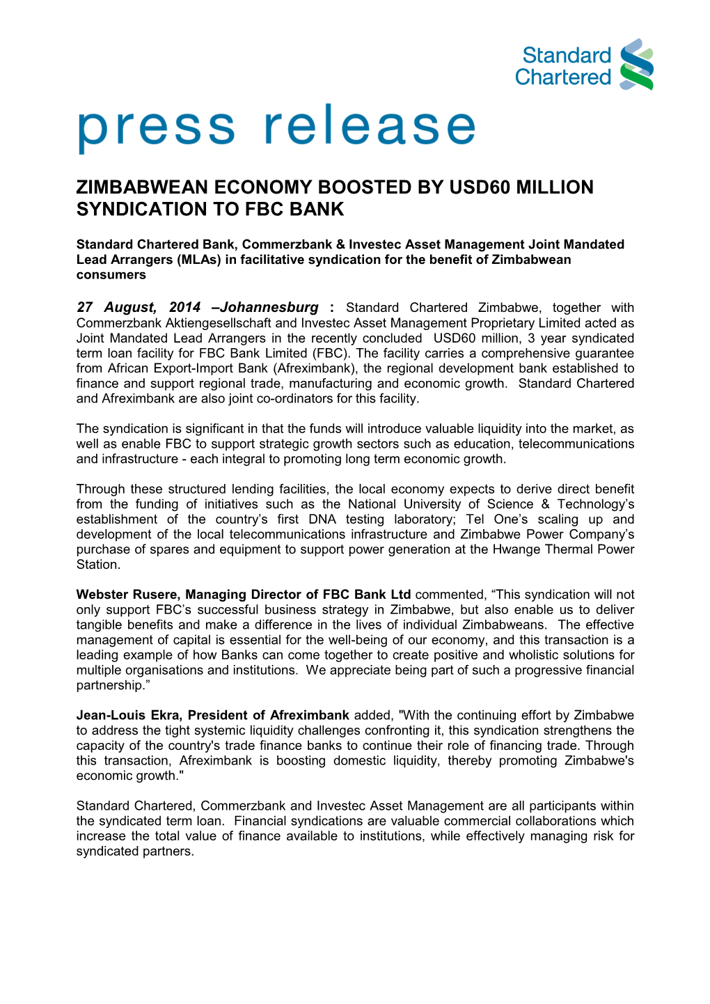 Zimbabwean Economy Boosted by Usd60 Million Syndication to Fbc Bank