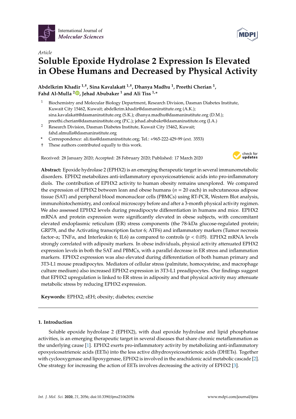 Soluble Epoxide Hydrolase 2 Expression Is Elevated in Obese Humans and Decreased by Physical Activity