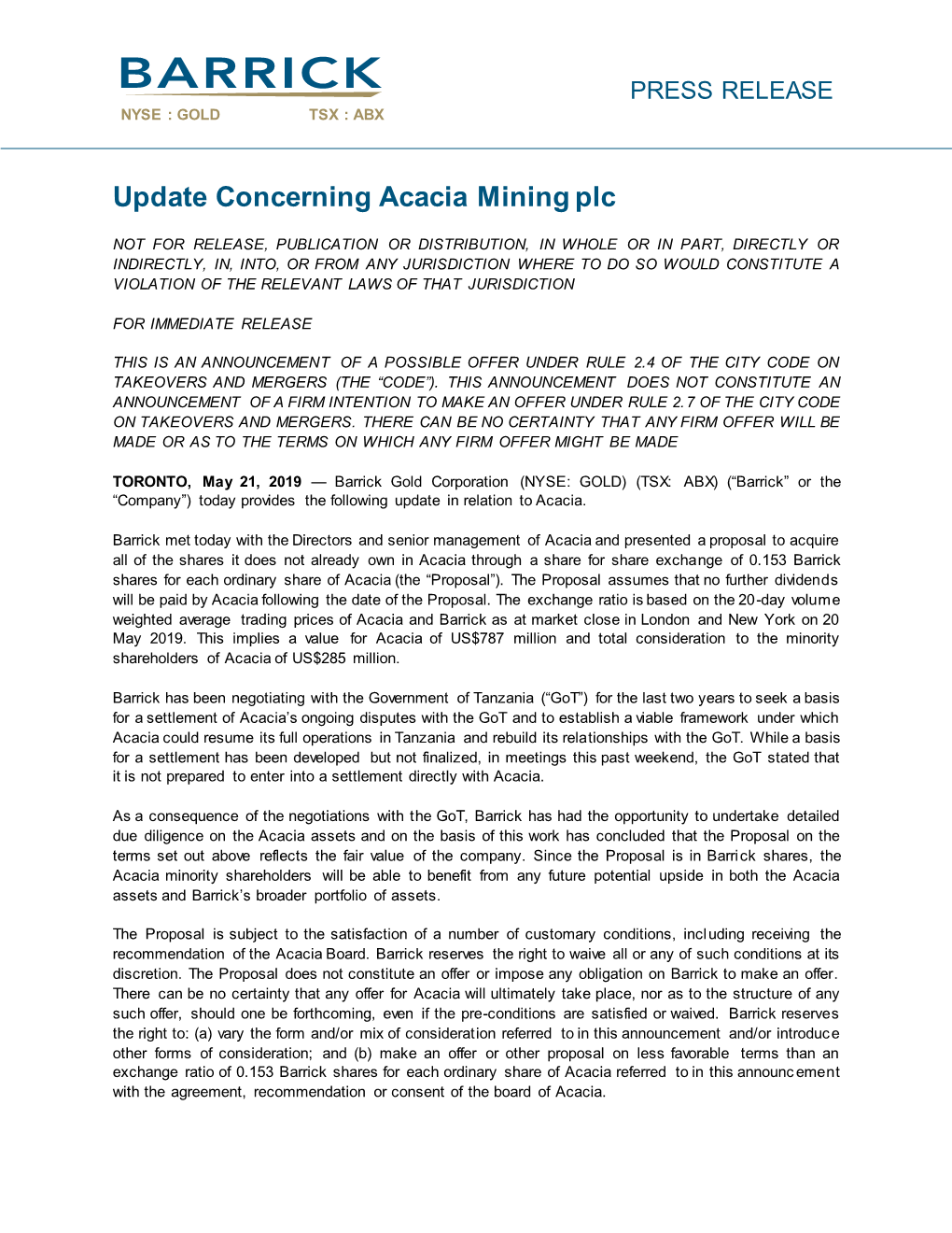 Update Concerning Acacia Mining Plc