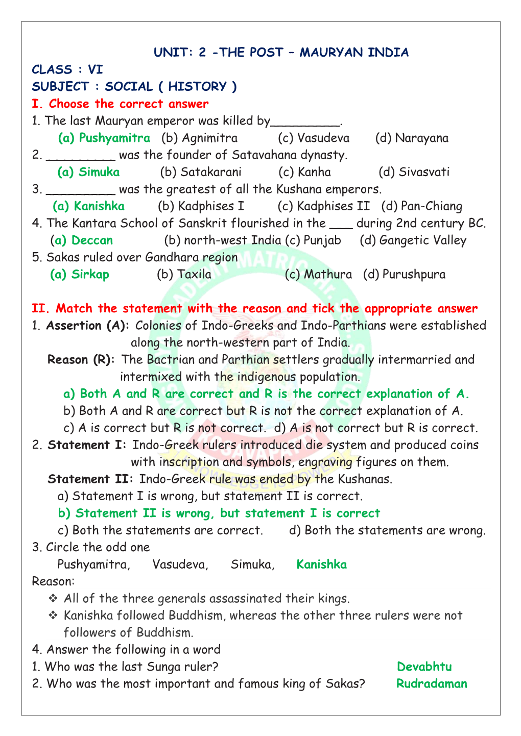 Unit: 2 -The Post – Mauryan India Class : Vi Subject : Social ( History ) I