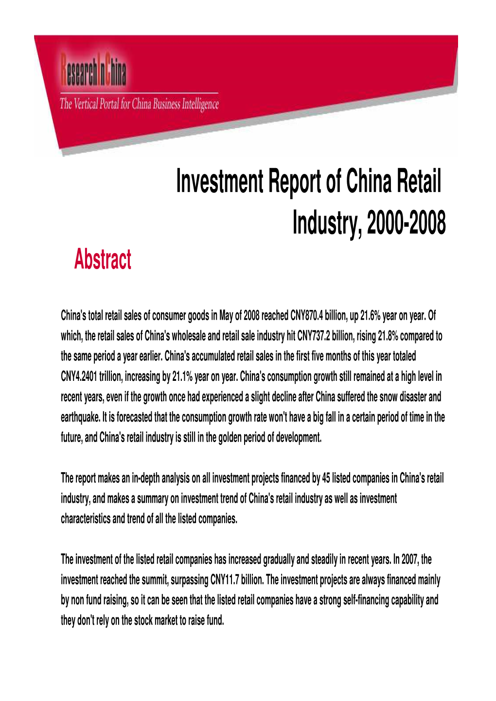 Investment Report of China Retail Industry, 2000-2008 Abstract