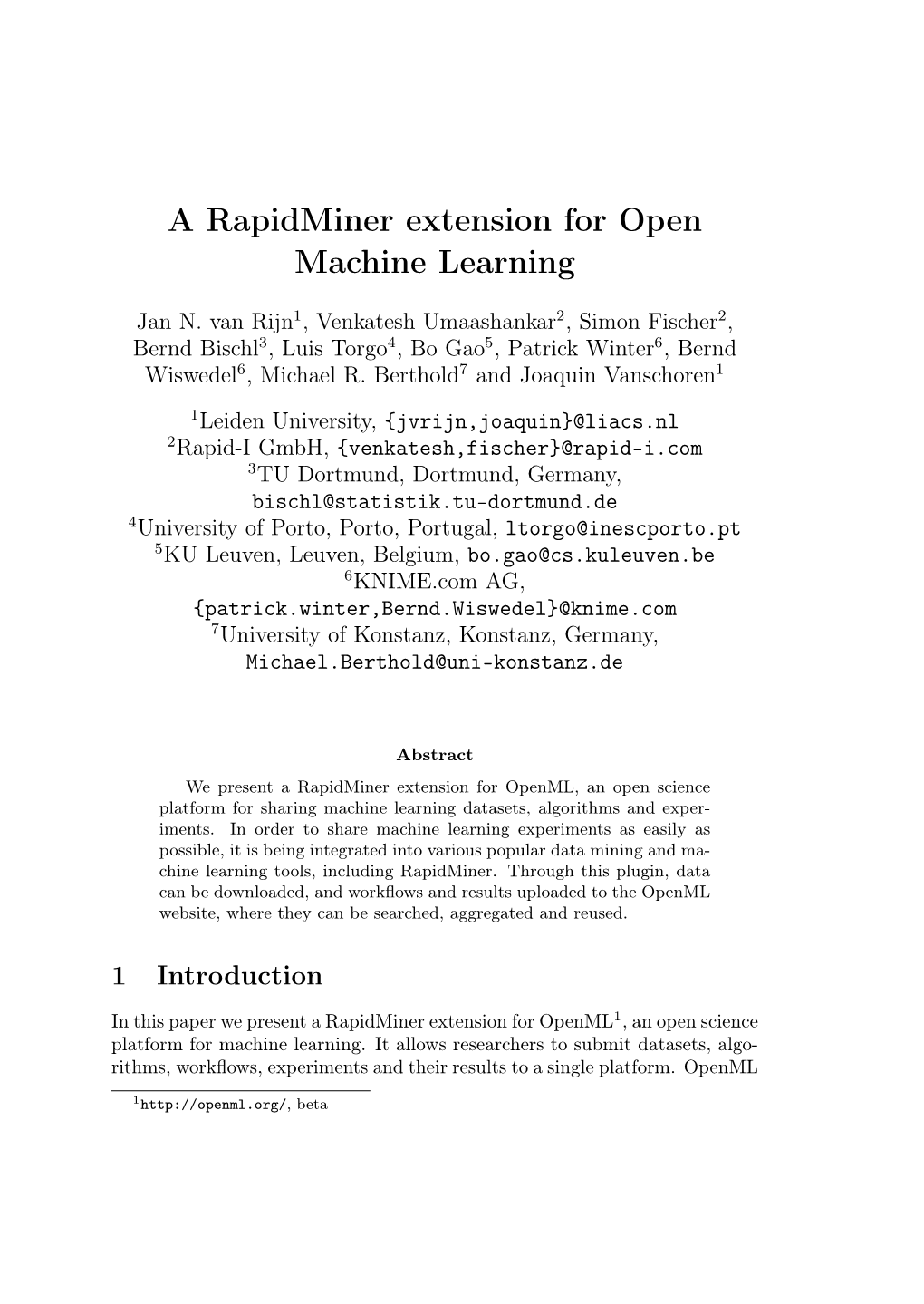 A Rapidminer Extension for Open Machine Learning
