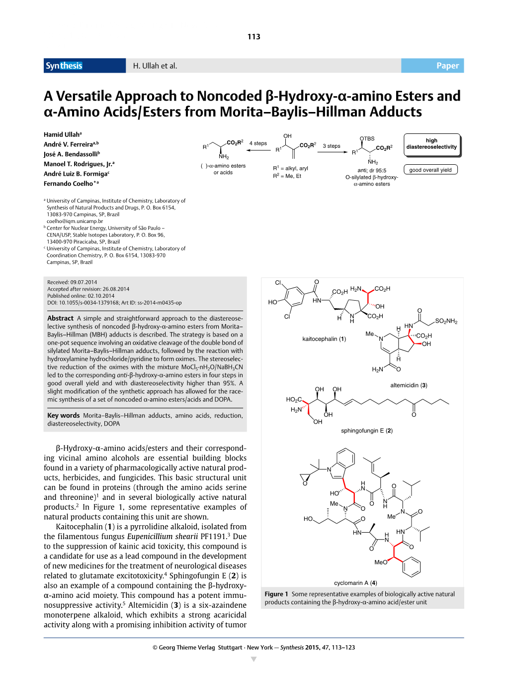 A Versatile Approach to Noncoded Β-Hydroxy-Α-Amino Esters and Α-Amino Acids/Esters from Morita–Baylis–Hillman Adducts