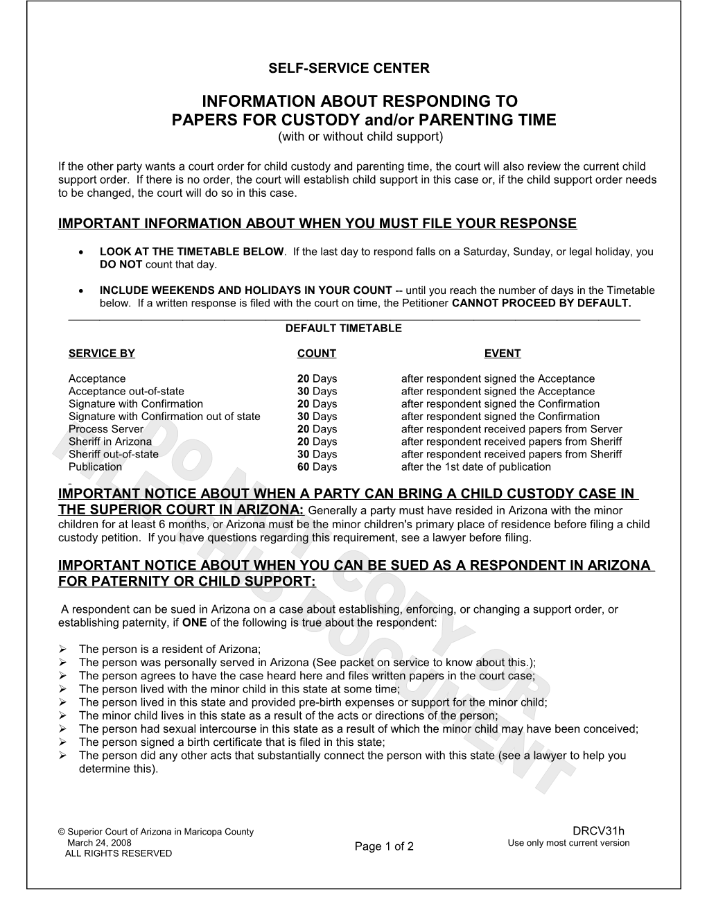 PAPERS for CUSTODY And/Or PARENTING TIME