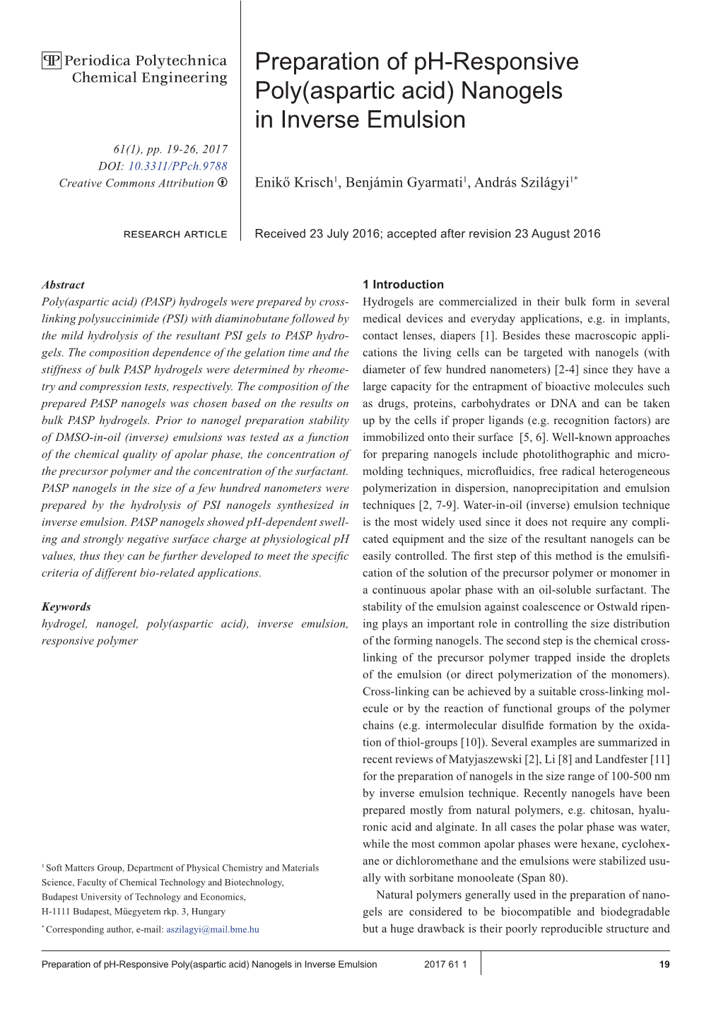 Preparation of Ph-Responsive Poly(Aspartic Acid) Nanogels in Inverse Emulsion 2017 61 1 19 Molecular Weight, Which Depends on the Source of the Polymer