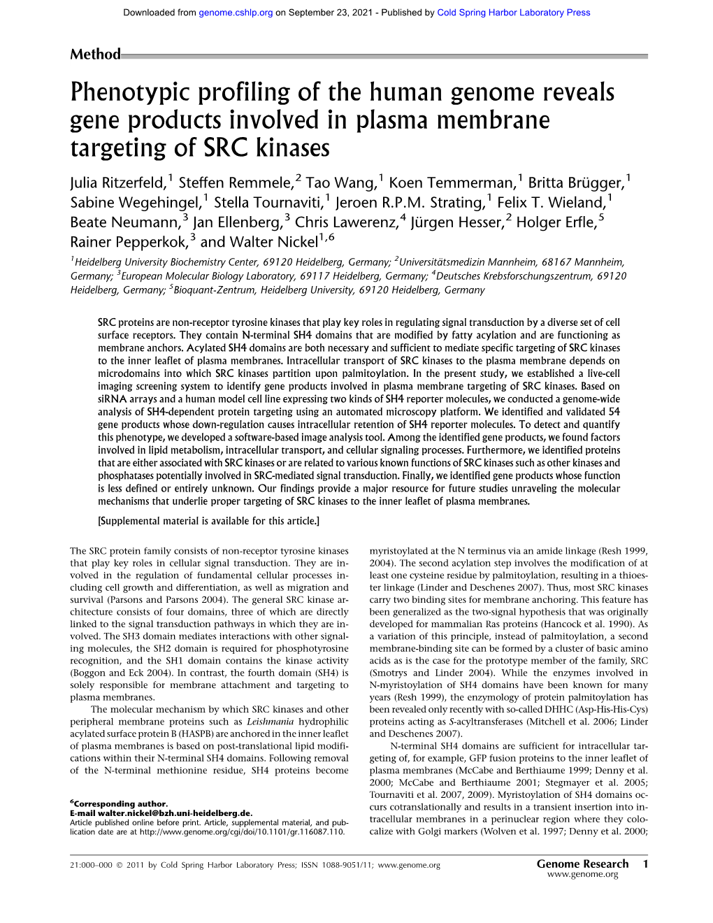 Phenotypic Profiling of the Human Genome Reveals Gene Products Involved in Plasma Membrane Targeting of SRC Kinases