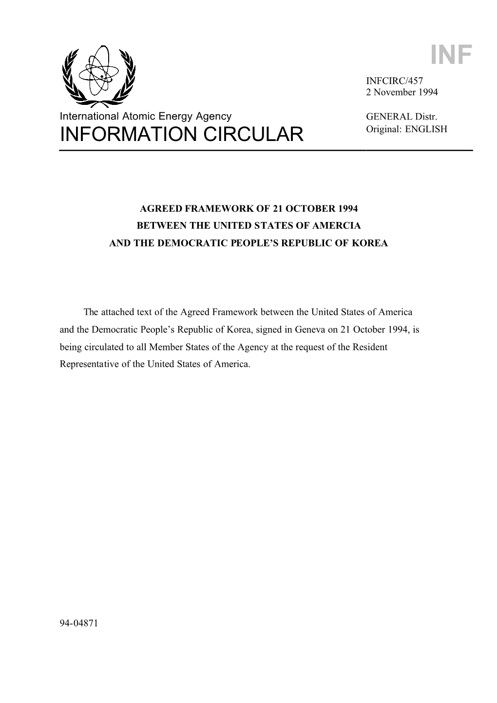 Agreed Framework of 21 October 1994 Between the United States of Amercia and the Democratic People’S Republic of Korea