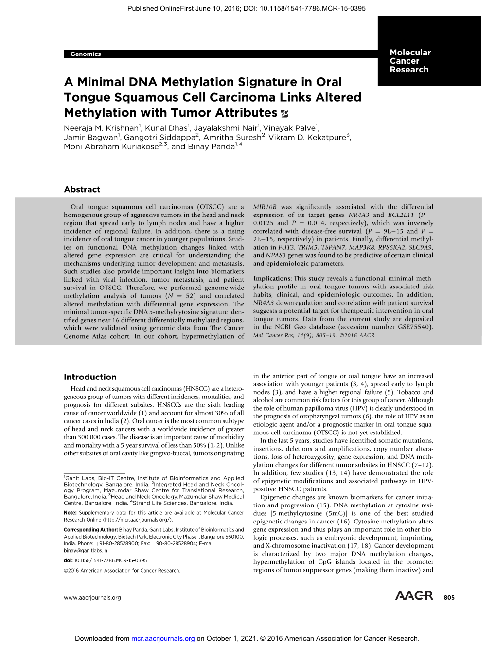 A Minimal DNA Methylation Signature in Oral Tongue Squamous Cell Carcinoma Links Altered Methylation with Tumor Attributes Neeraja M