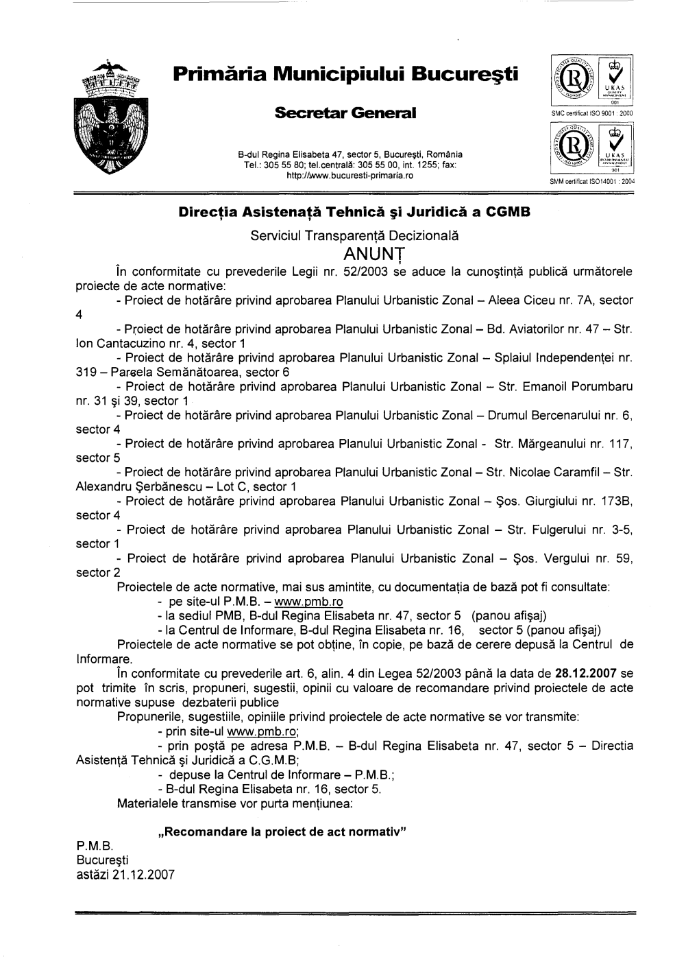 Primaria Municipiului Bucuresti ~ Secretar General SMC Certificallso 9001 2000
