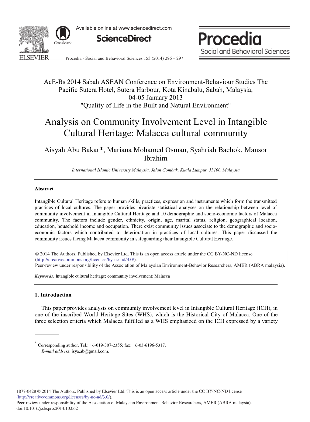 Analysis on Community Involvement Level in Intangible Cultural Heritage: Malacca Cultural Community