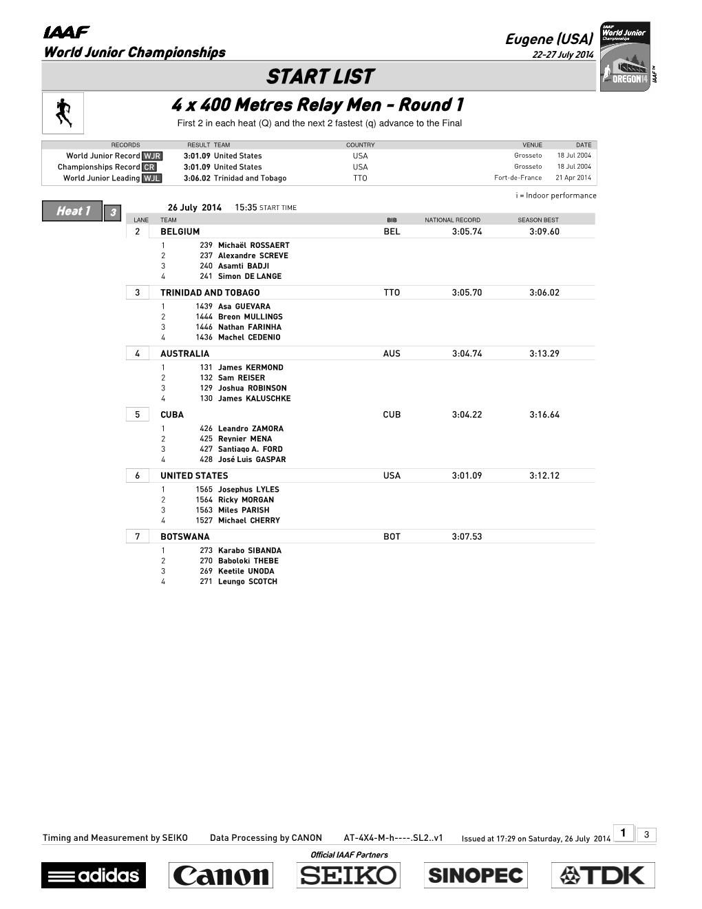 START LIST 4 X 400 Metres Relay Men - Round 1 First 2 in Each Heat (Q) and the Next 2 Fastest (Q) Advance to the Final