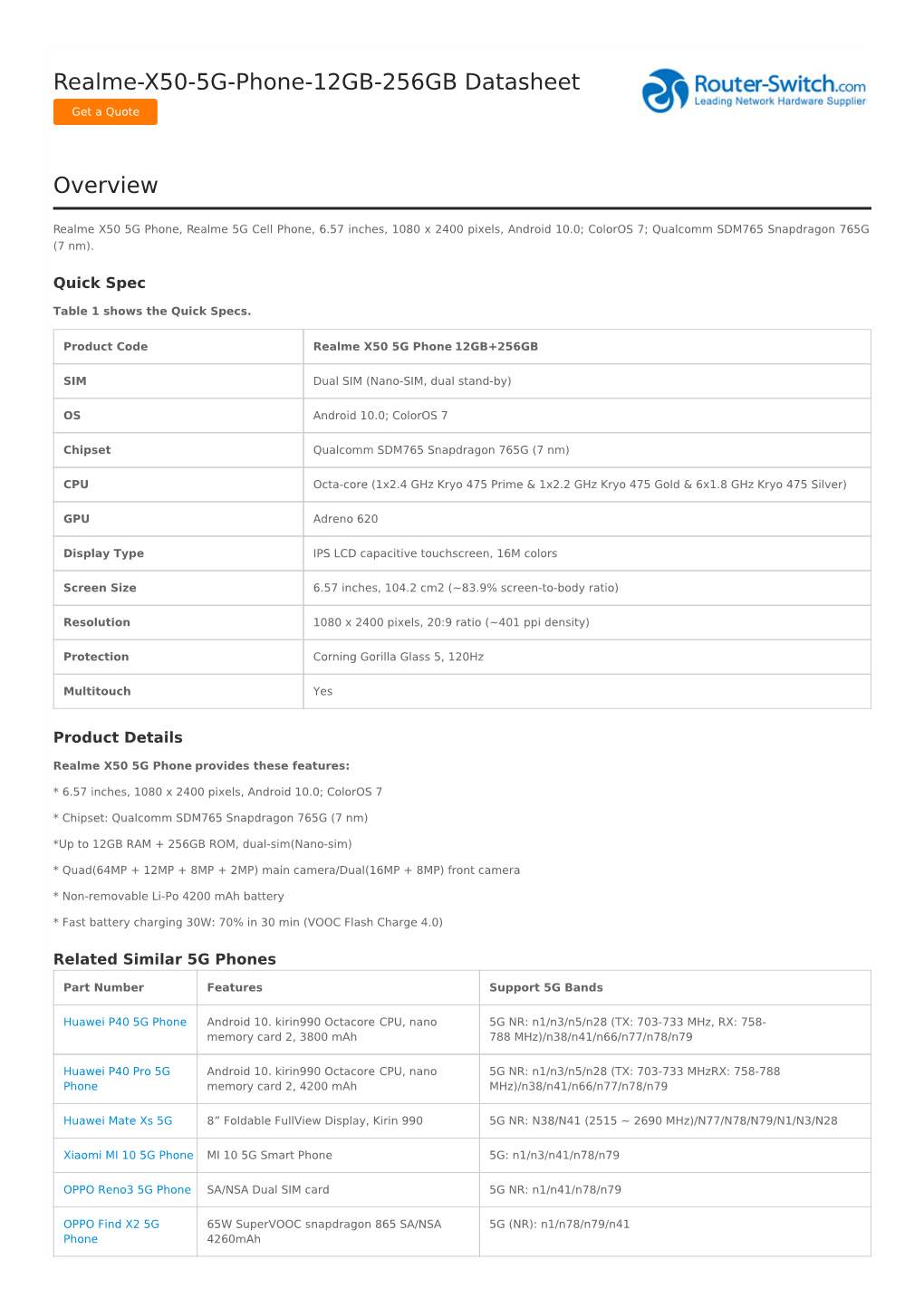 Realme-X50-5G-Phone-12GB-256GB Datasheet Overview