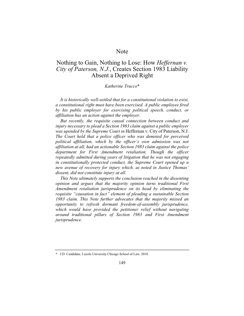 How Heffernan V. City of Paterson, N.J., Creates Section 1983 Liability Absent a Deprived Right