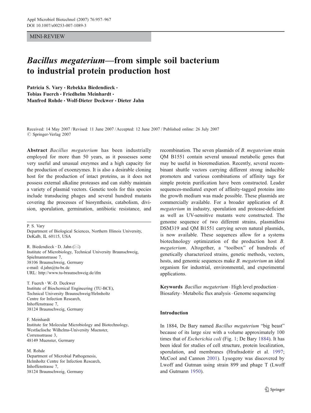 Bacillus Megaterium—From Simple Soil Bacterium to Industrial Protein Production Host