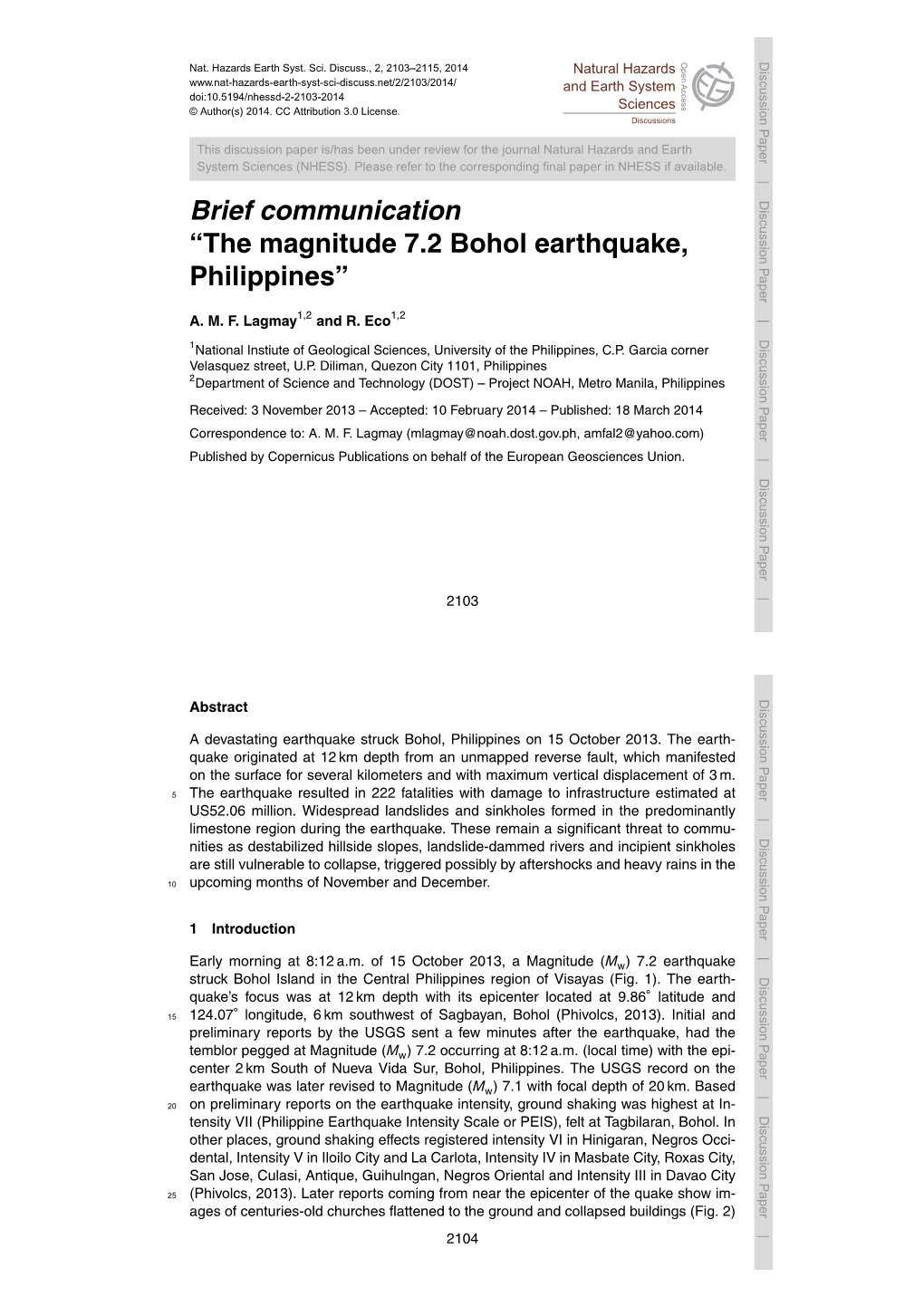 Brief Communication “The Magnitude 7.2 Bohol Earthquake, Philippines” A