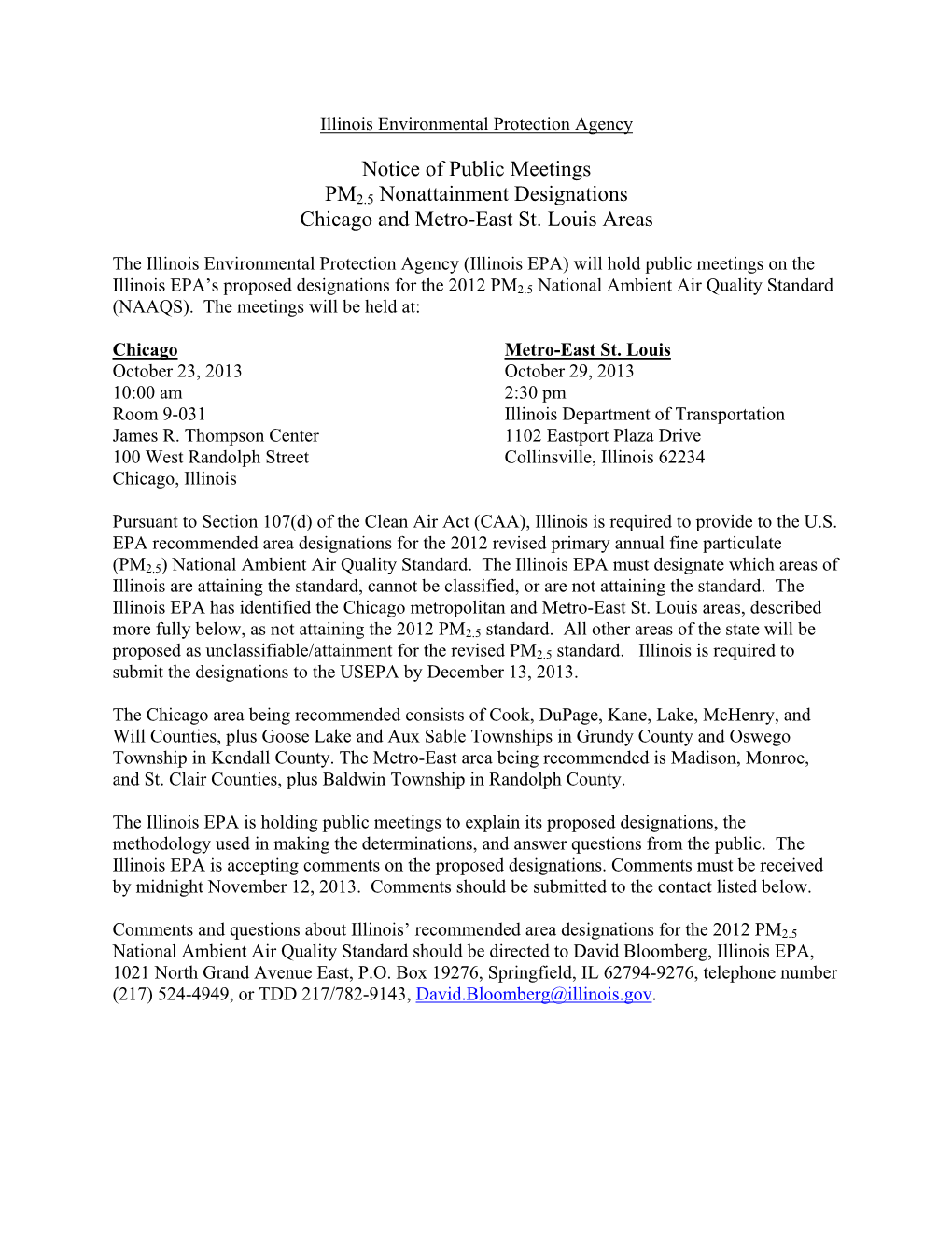 Notice of Public Meetings PM2.5 Nonattainment Designations Chicago and Metro-East St