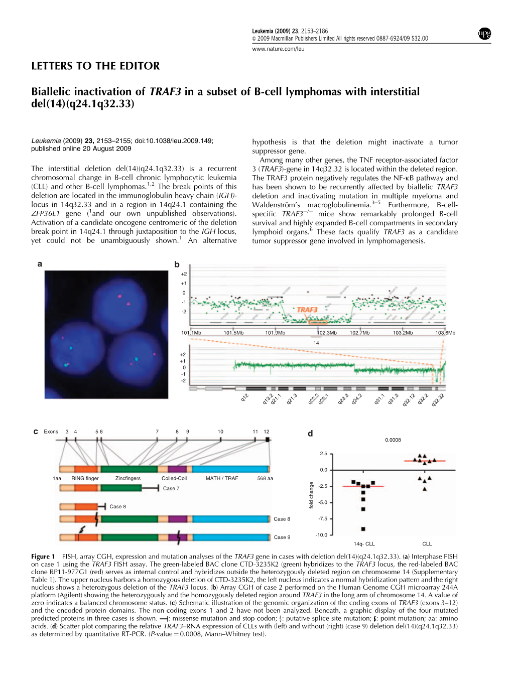 Biallelic Inactivation of TRAF3 in a Subset of B-Cell Lymphomas with Interstitial Del(14)(Q24.1Q32.33)