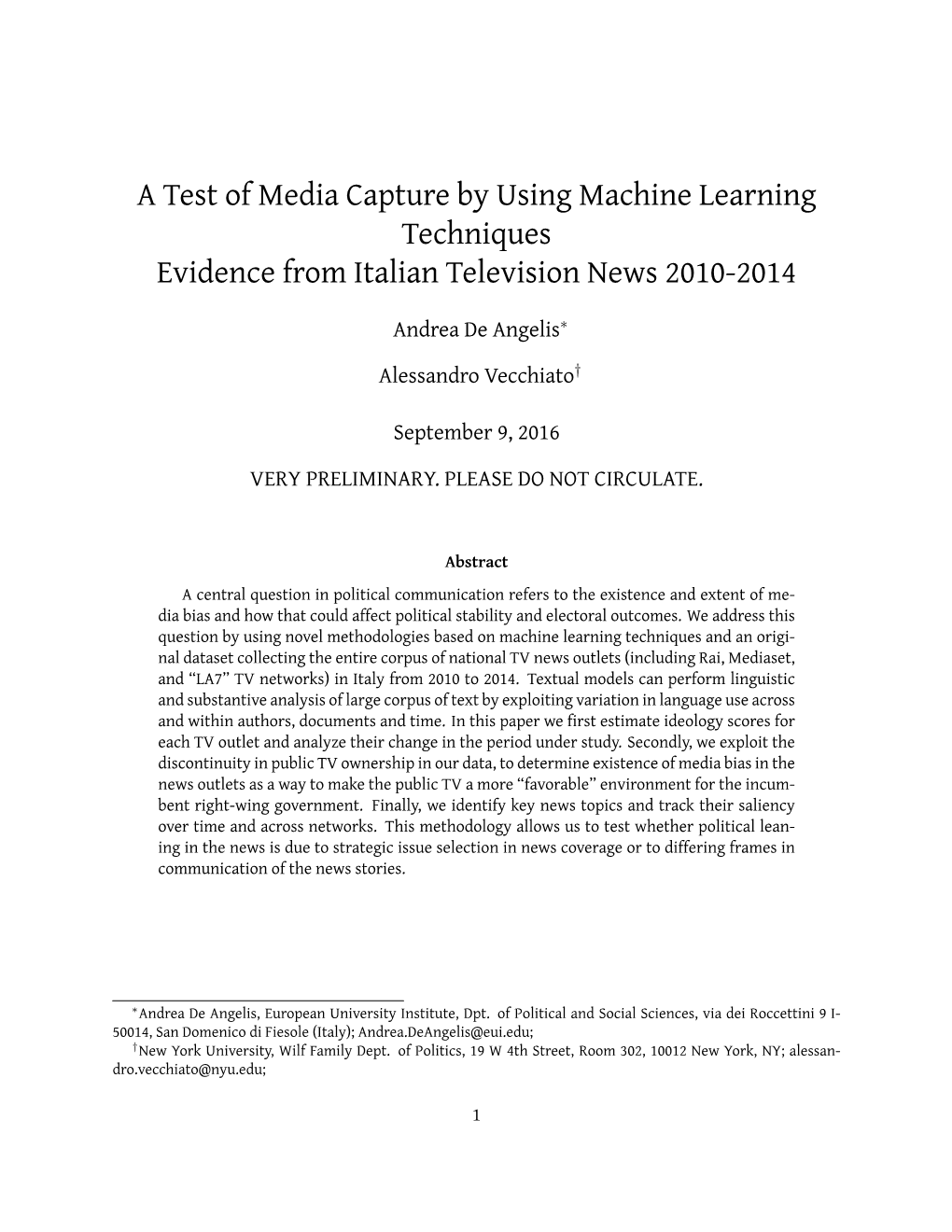 A Test of Media Capture by Using Machine Learning Techniques Evidence from Italian Television News 2010-2014