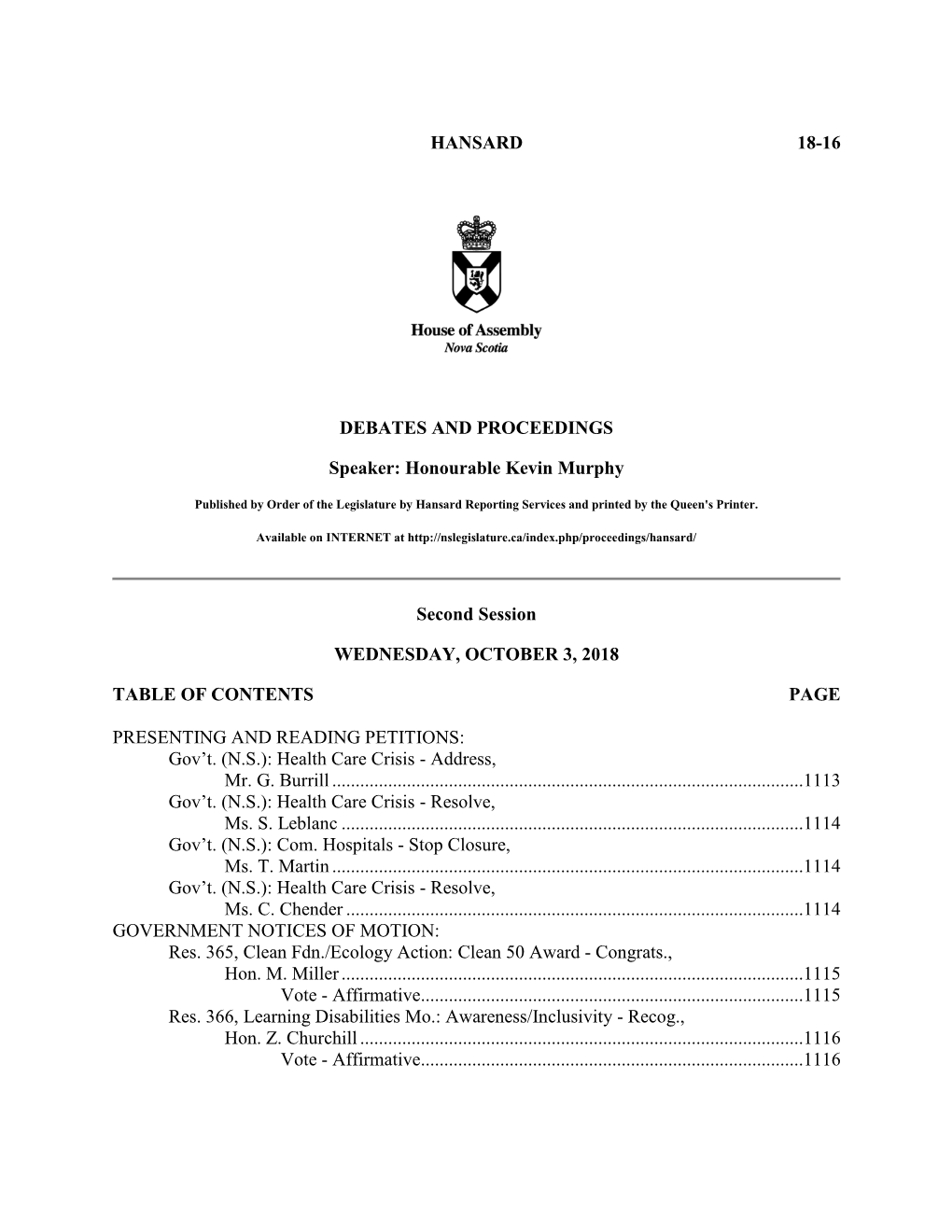 HANSARD 18-16 DEBATES and PROCEEDINGS Speaker