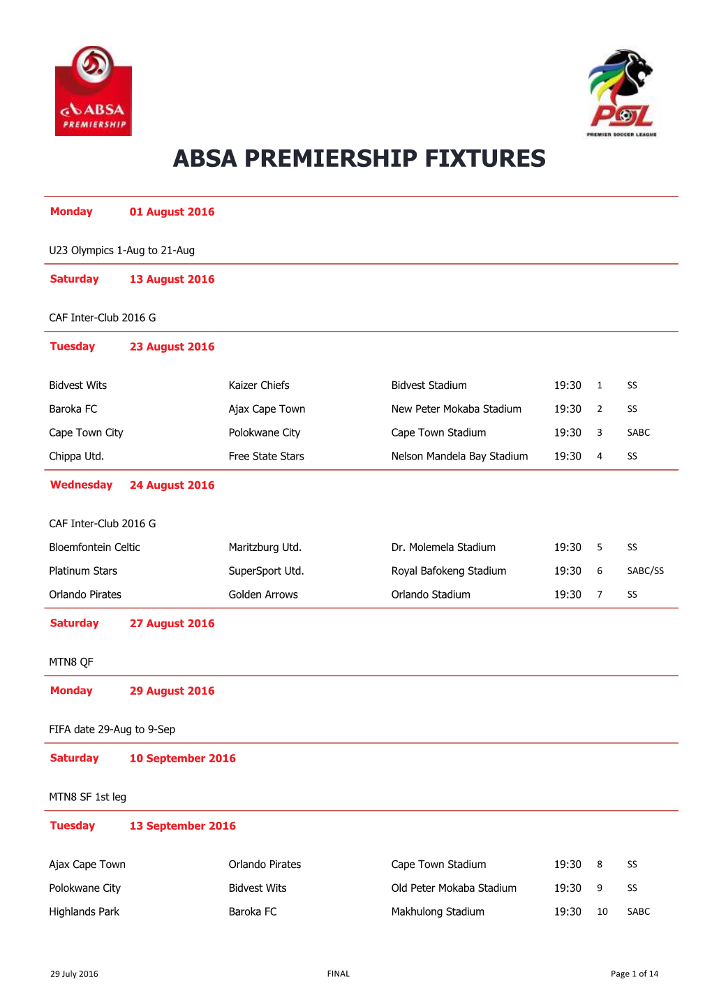 Absa Premiership Fixtures