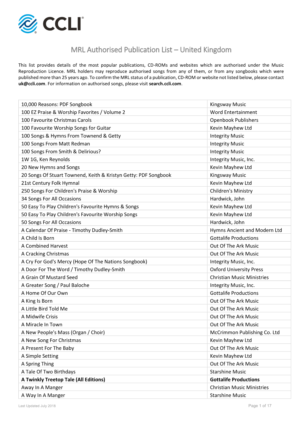 Authorised Publication List – United Kingdom