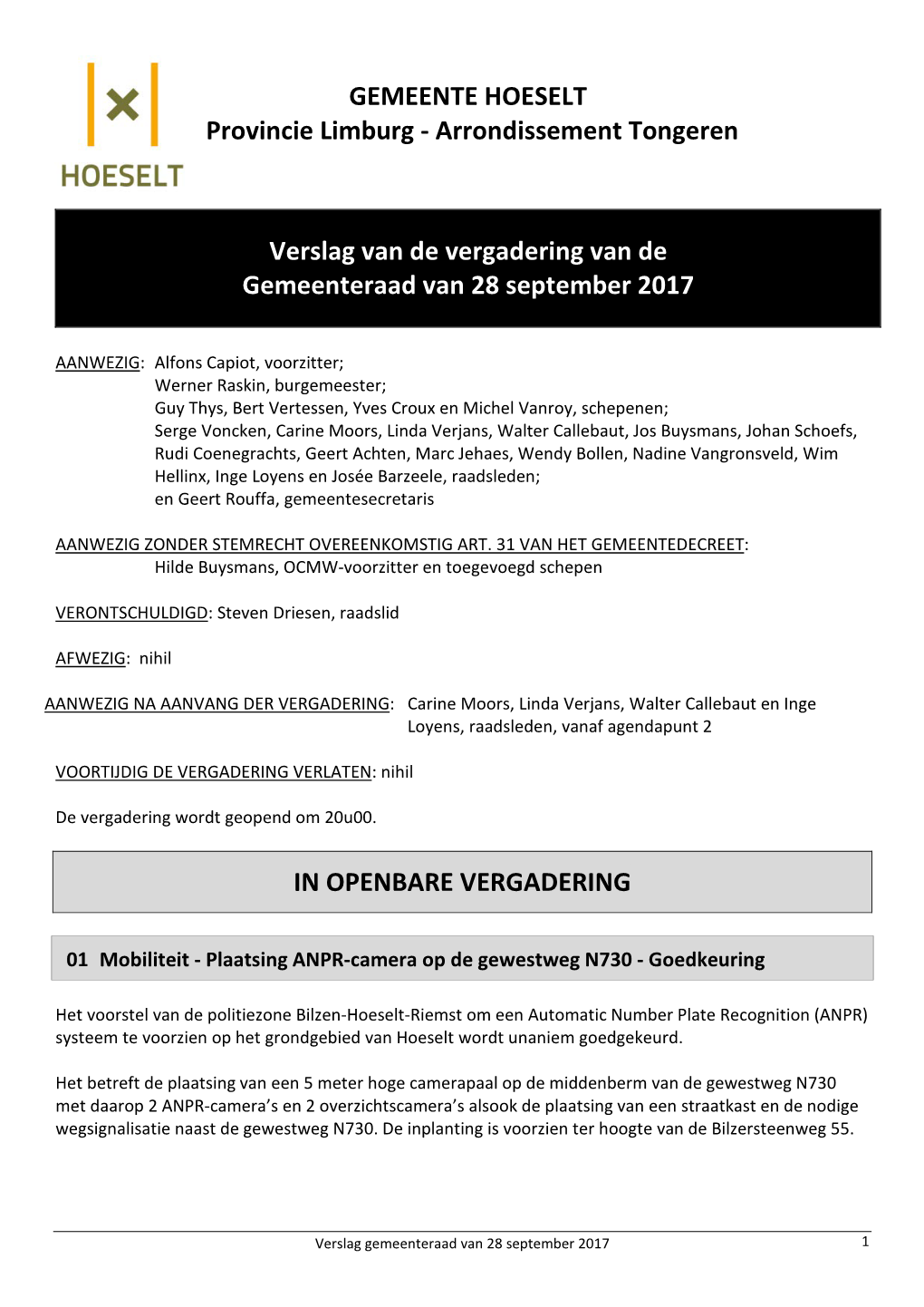 Verslag Van De Vergadering Van De Gemeenteraad Van 28 September 2017