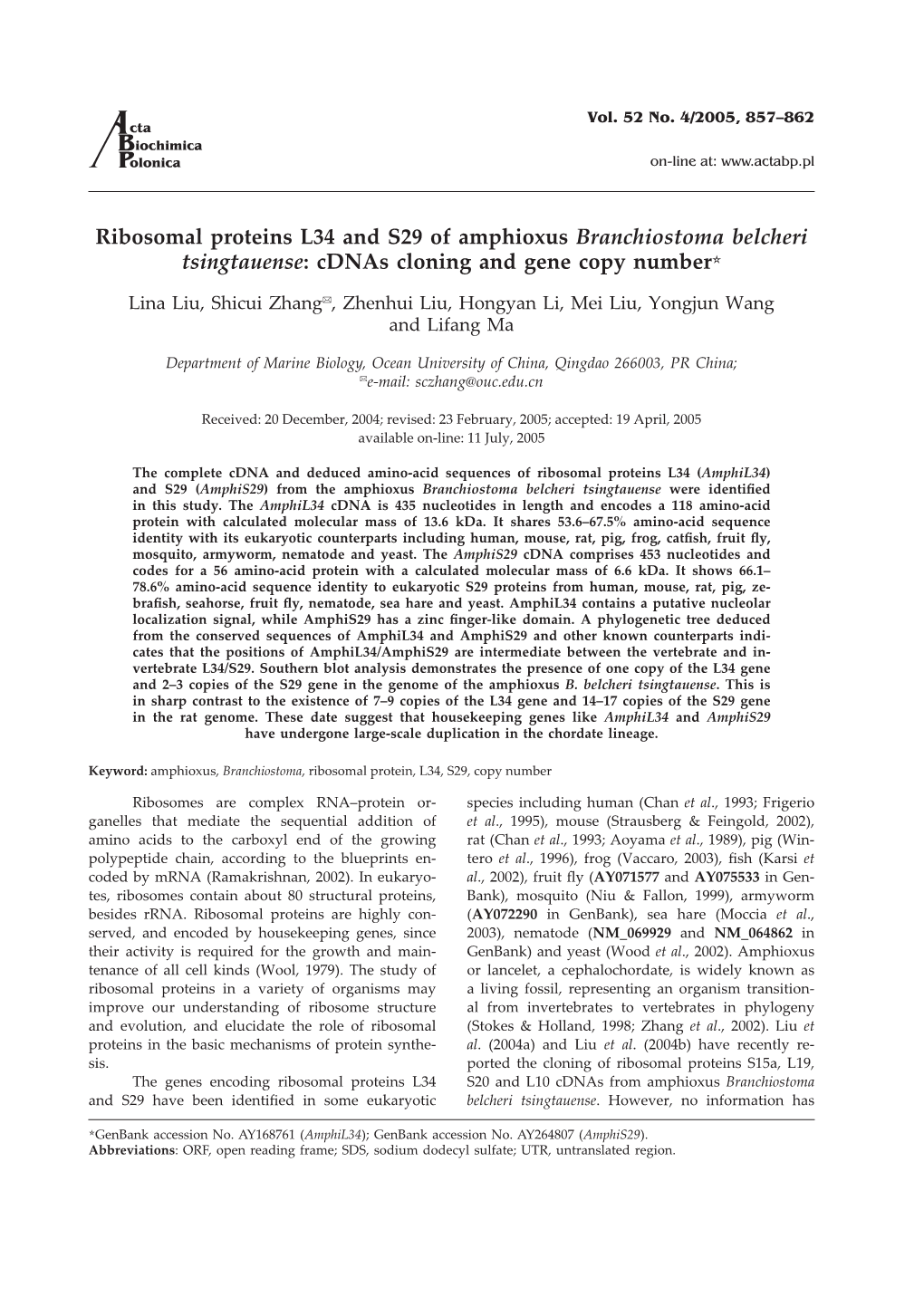 Ribosomal Proteins L34 and S29 of Amphioxus Branchiostoma Belcheri Tsingtauense: Cdnas Cloning and Gene Copy Number