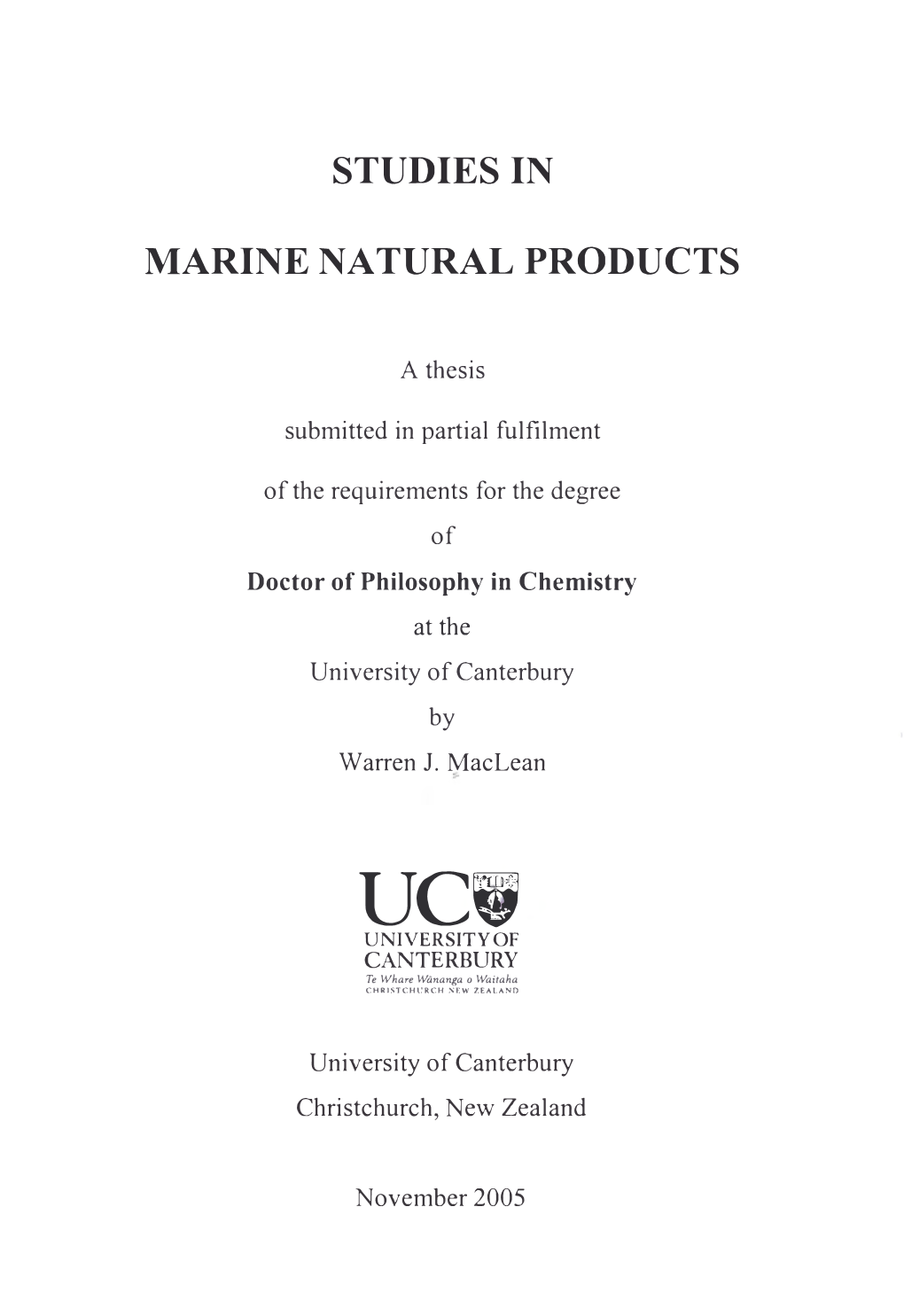 Studies in Marine Natural Products