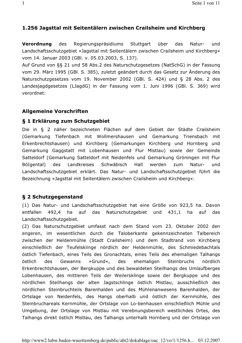 Verordnung Des Regierungspräsidiums Stuttgart Über Das Natur- Und Landschaftsschutzgebiet »Jagsttal Mit Seitentälern Zwischen Crailsheim Und Kirchberg « Vom 14