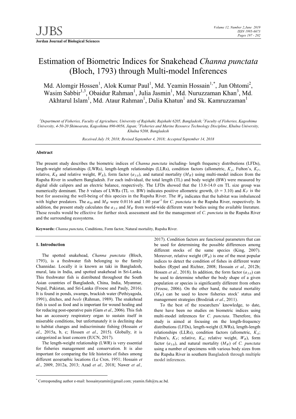 Estimation of Biometric Indices for Snakehead Channa Punctata (Bloch, 1793) Through Multi-Model Inferences