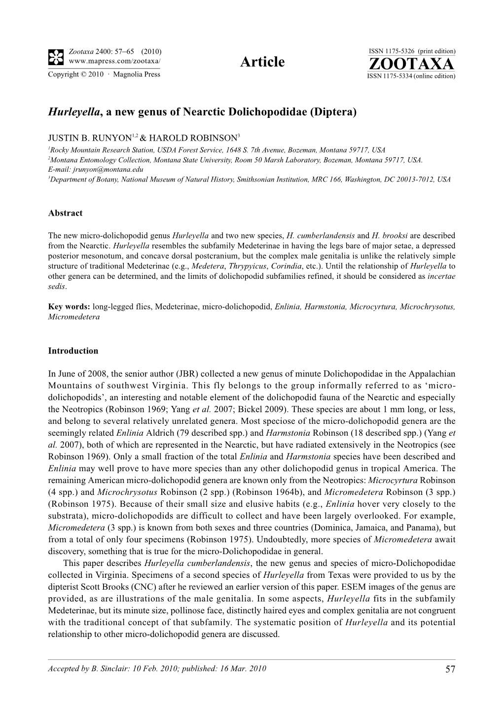 Hurleyella, a New Genus of Nearctic Dolichopodidae (Diptera)