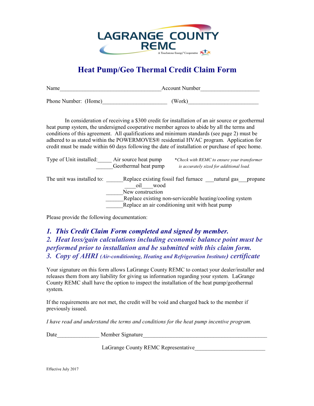 Heat Pump/Geo Thermal Credit Claim Form