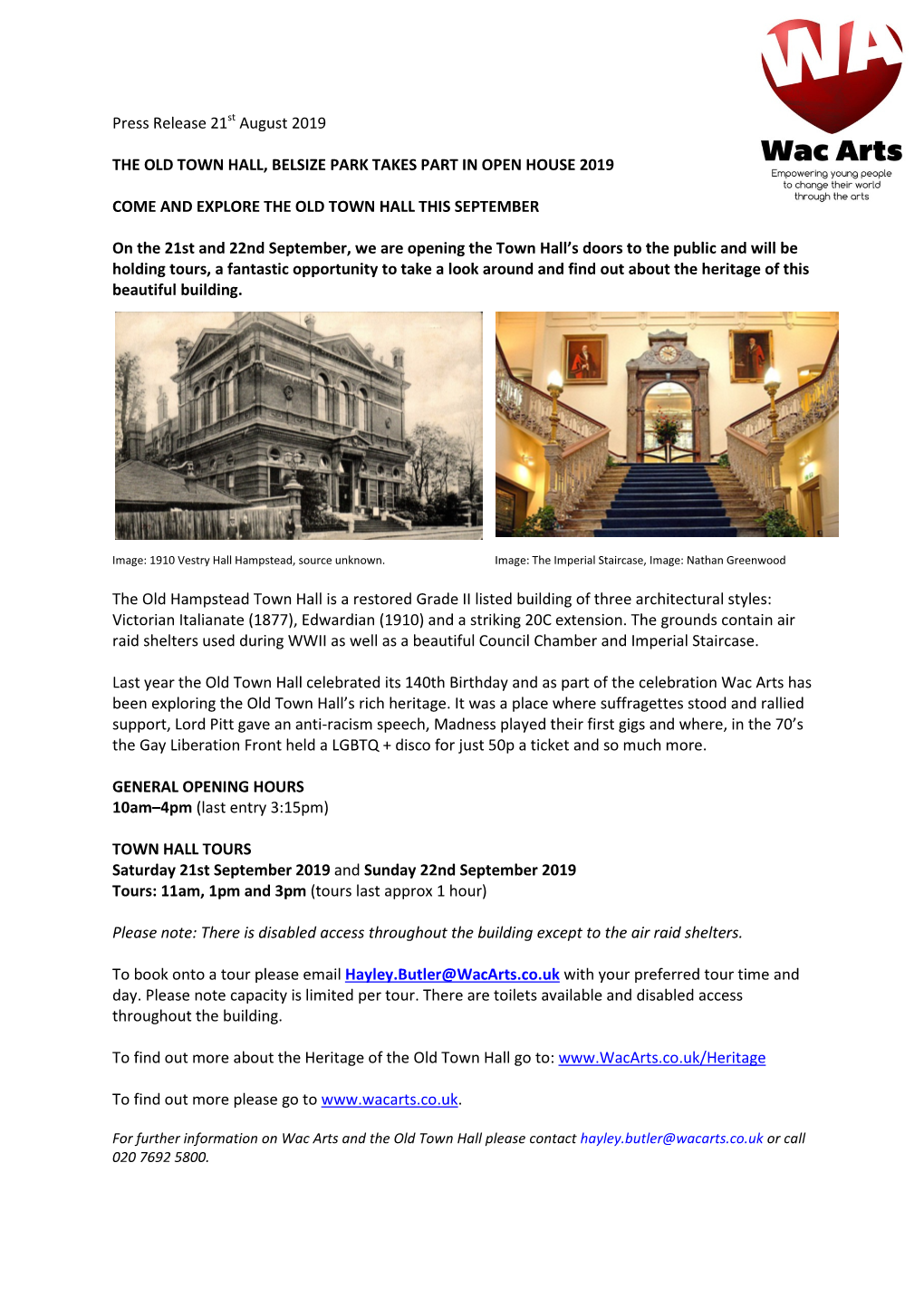 Press Release 21St August 2019 the OLD TOWN HALL, BELSIZE PARK