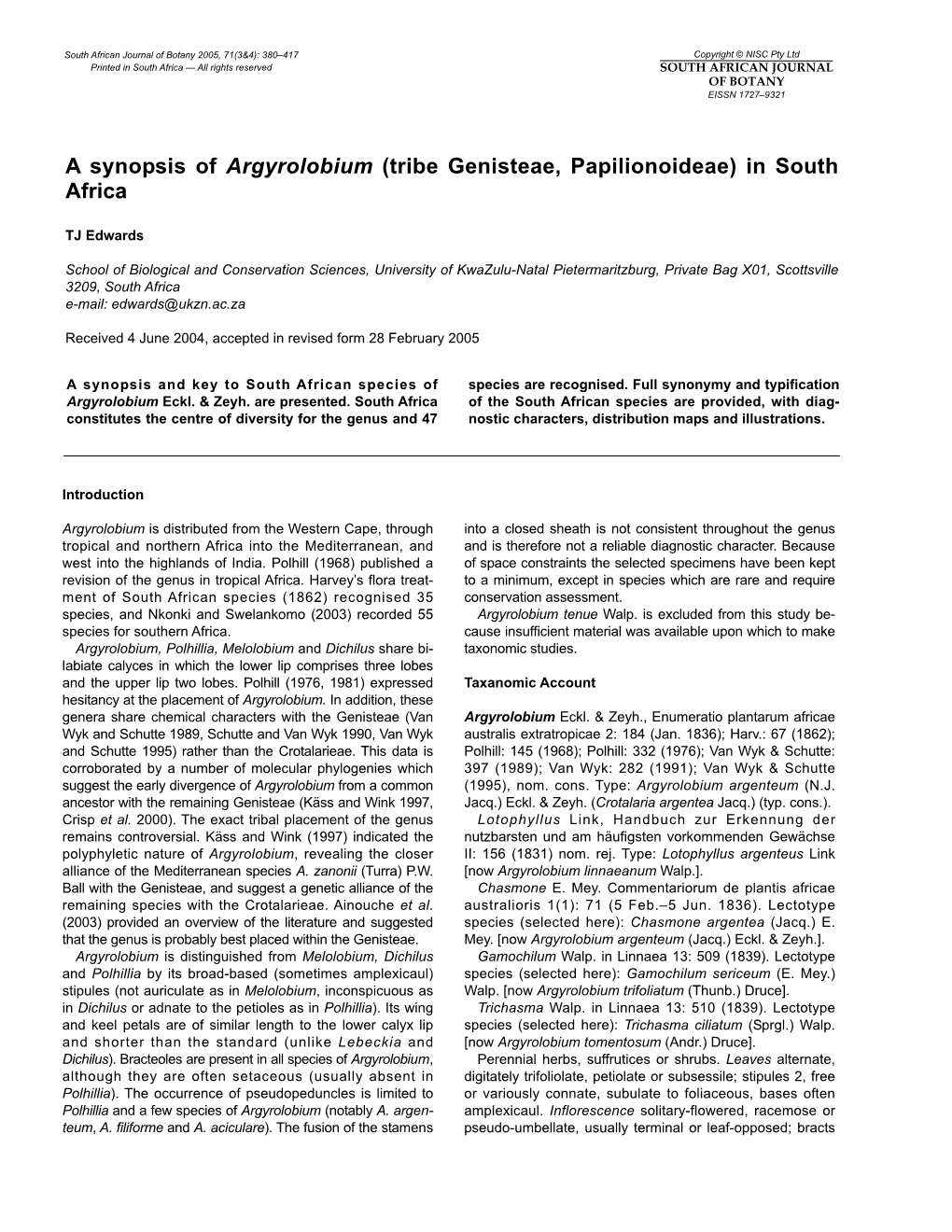 A Synopsis of Argyrolobium (Tribe Genisteae, Papilionoideae) in South Africa