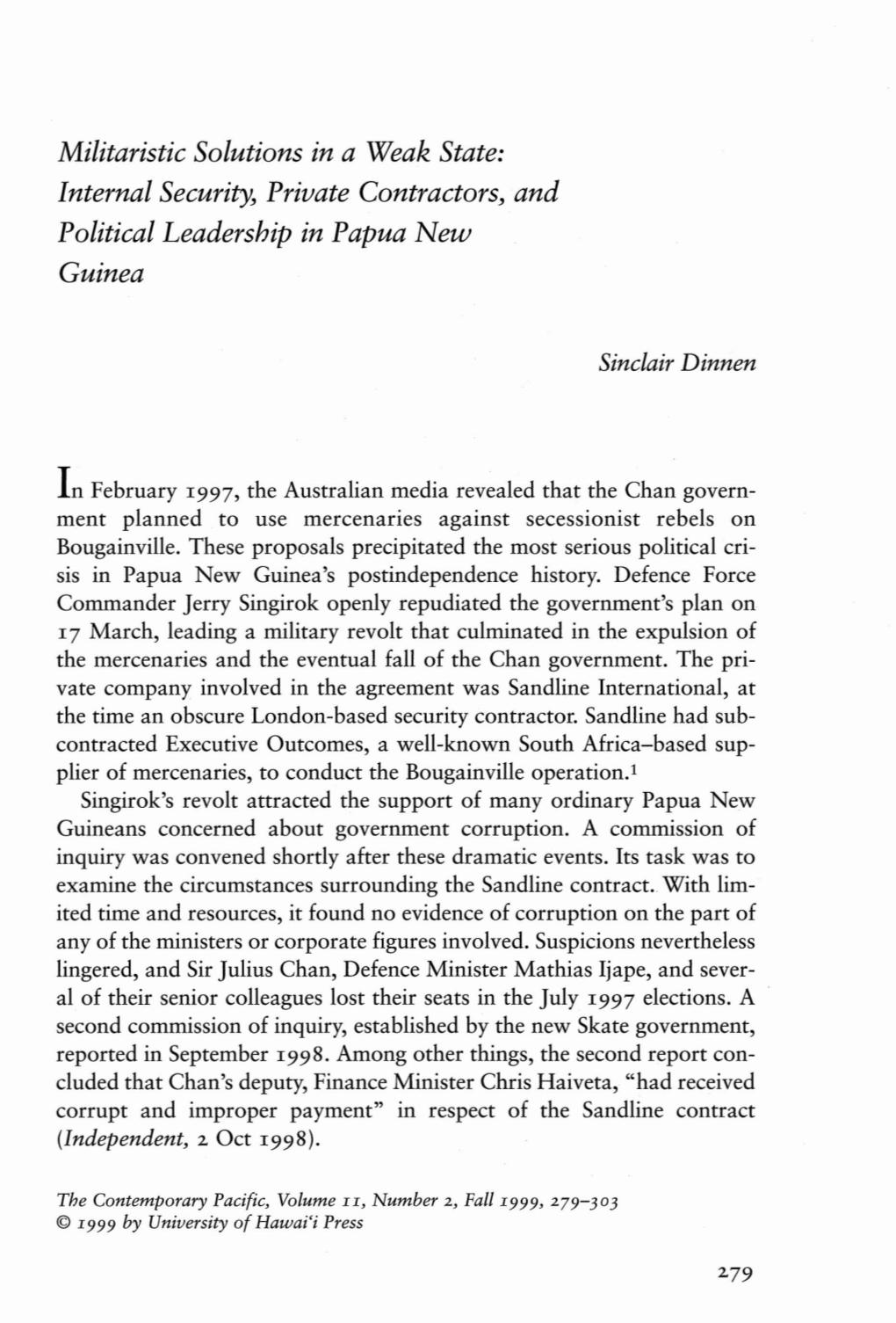 Internal Security, Private Contractors, and Political Leadership in Papua New Guinea
