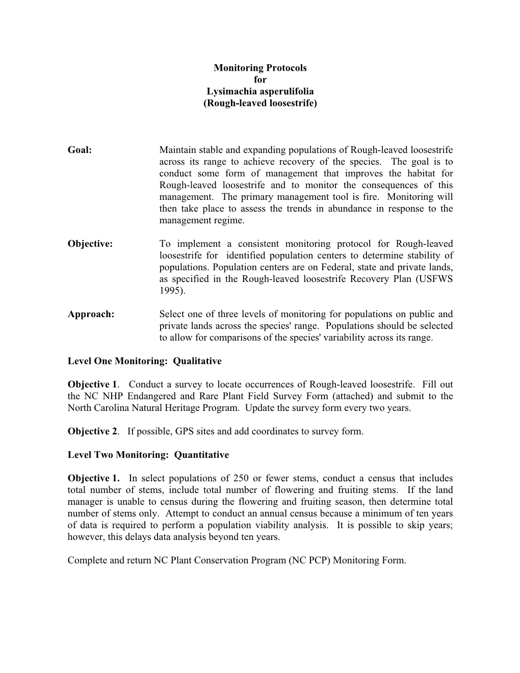 Monitoring Protocols for Lysimachia Asperulifolia (Rough-Leaved Loosestrife)