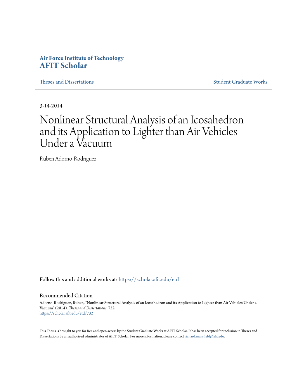 Nonlinear Structural Analysis of an Icosahedron and Its Application to Lighter Than Air Vehicles Under a Vacuum Ruben Adorno-Rodriguez