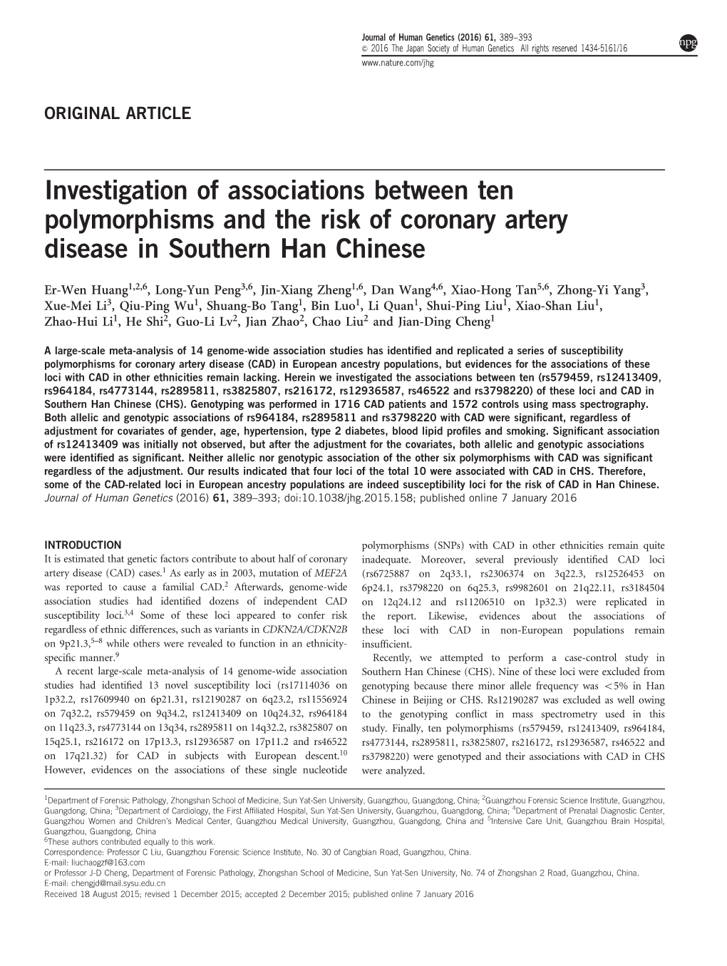 Investigation of Associations Between Ten Polymorphisms and the Risk of Coronary Artery Disease in Southern Han Chinese