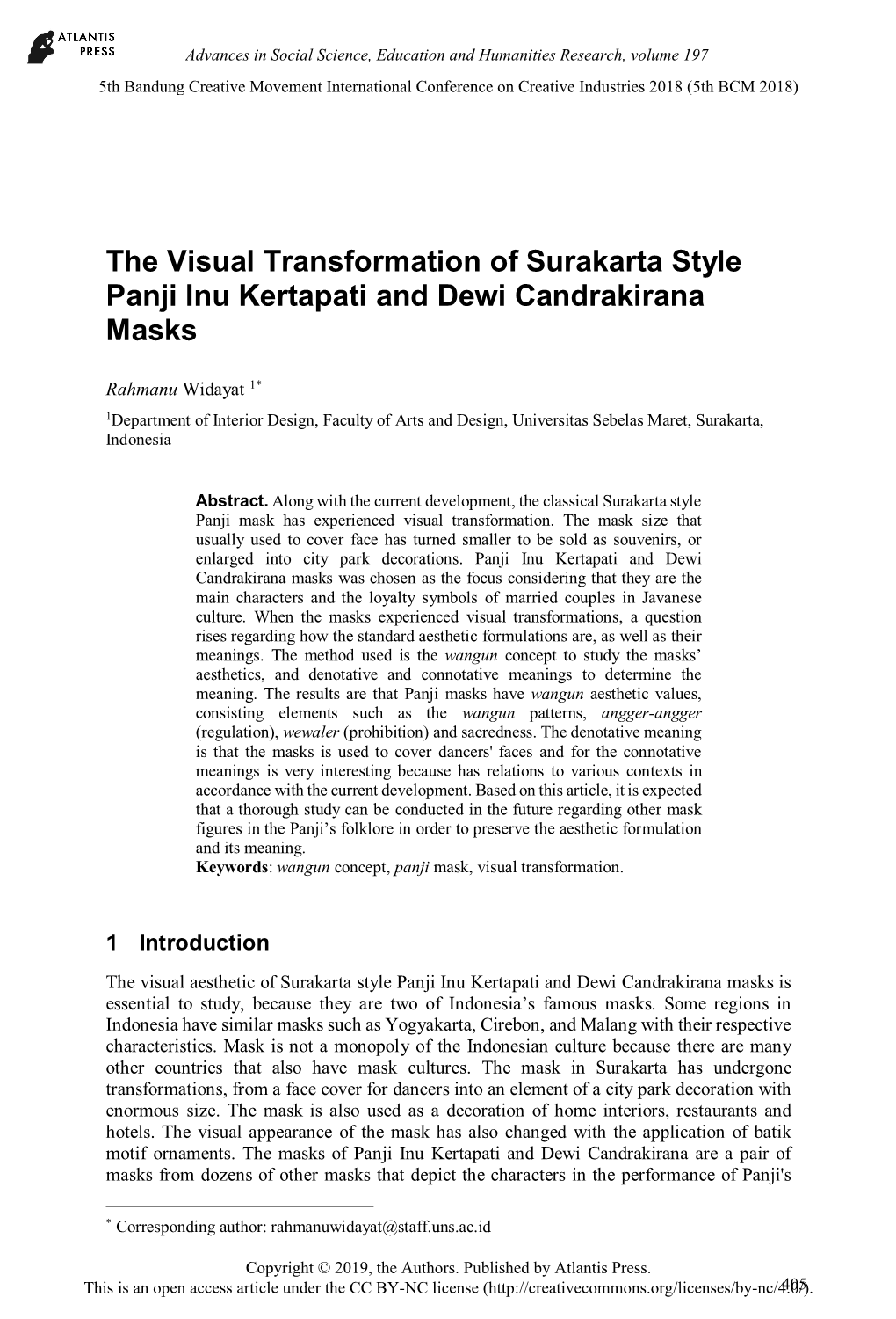 The Visual Transformation of Surakarta Style Panji Inu Kertapati and Dewi Candrakirana Masks