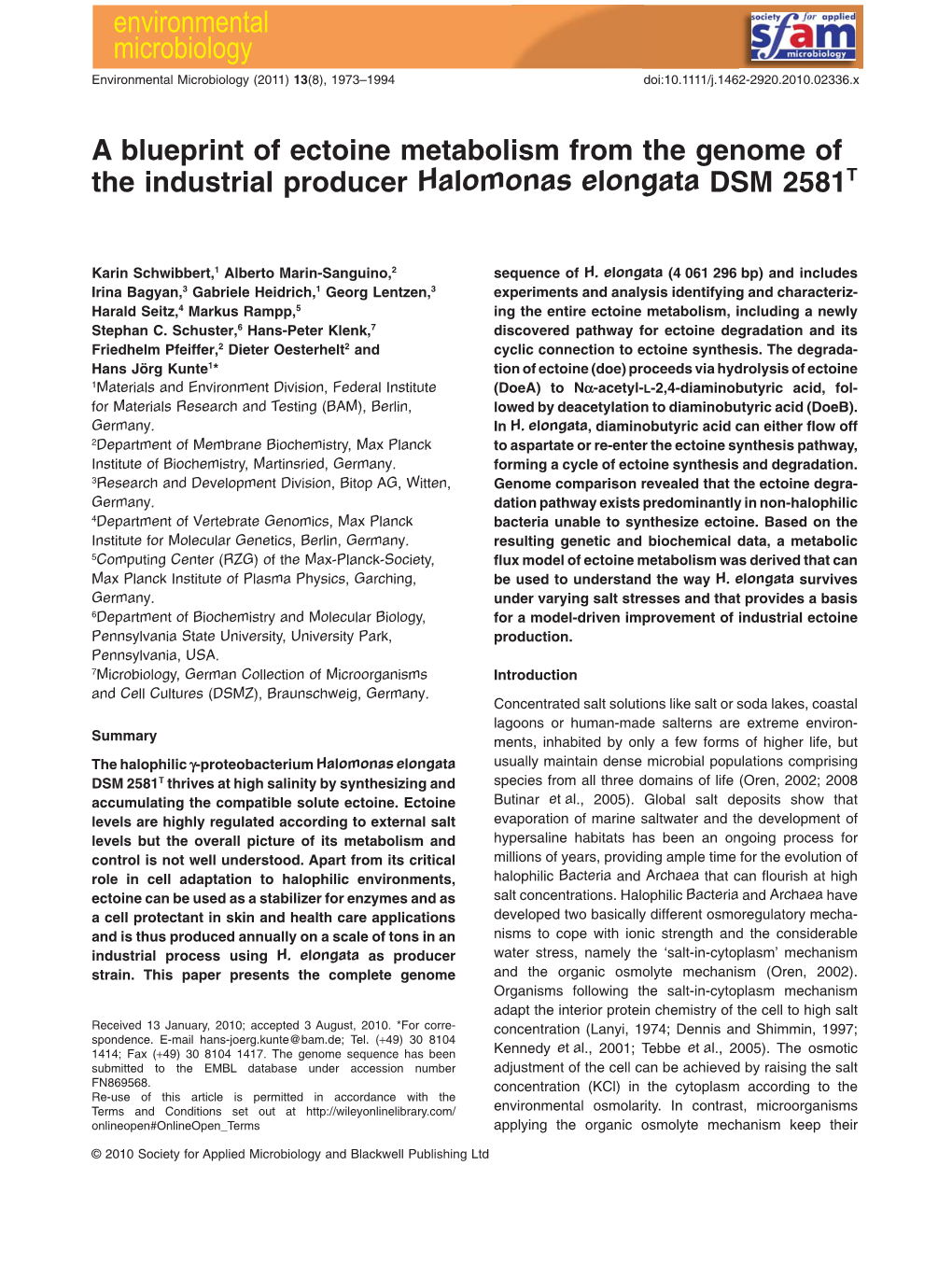 A Blueprint of Ectoine Metabolism from the Genome of the Industrial Producer Halomonas Elongata DSM 2581T