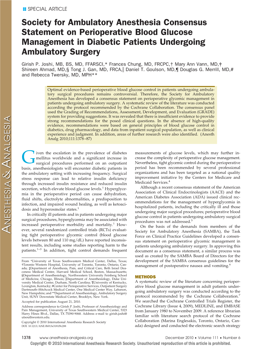 SAMBA Consensus Statement on Perioperative Blood Glucose