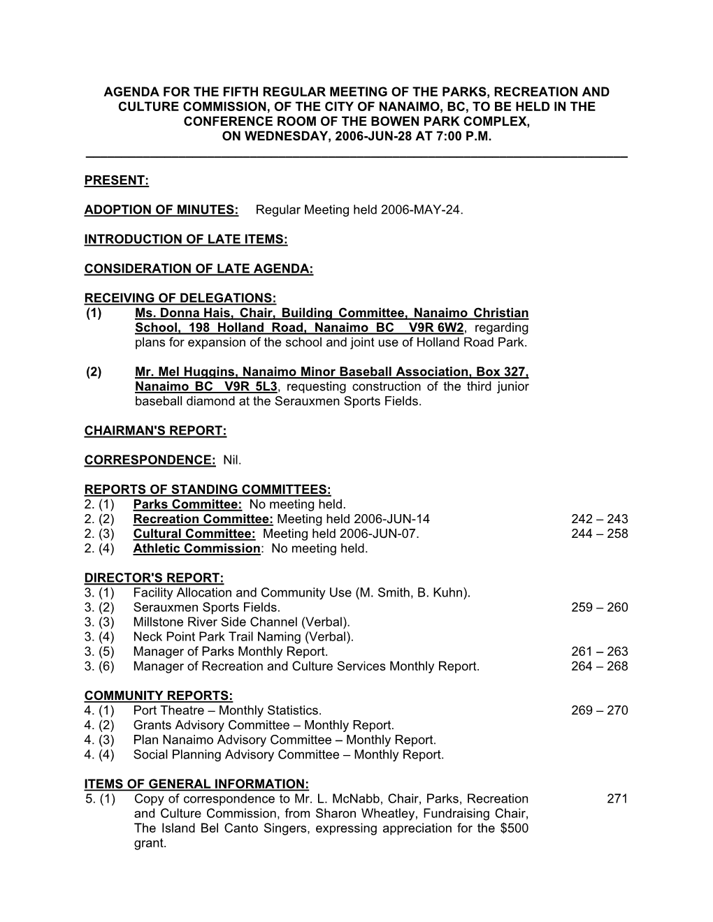 Agenda for the Fifth Regular Meeting of the Parks, Recreation