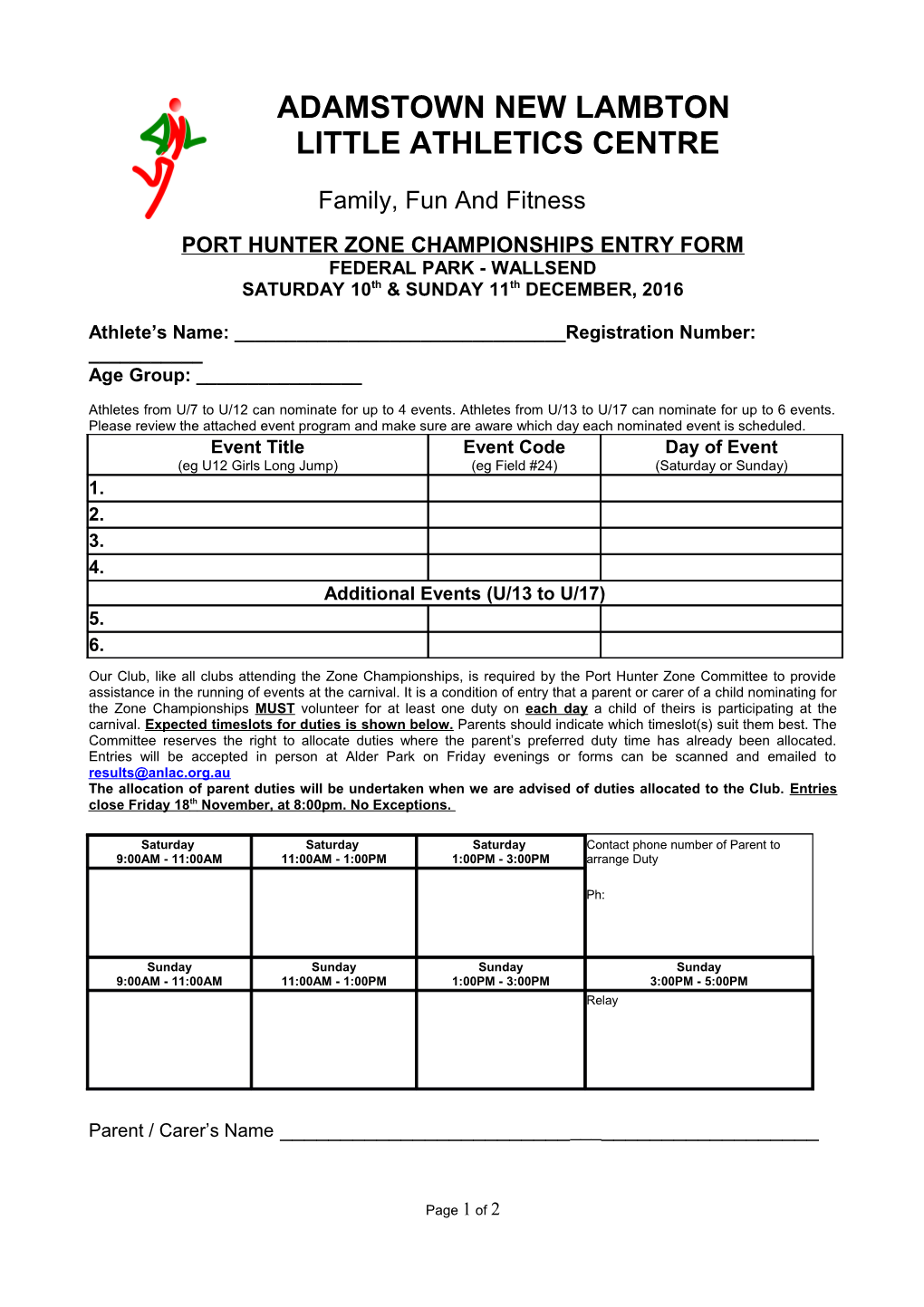 Port Hunter Zone Championships Entry Form