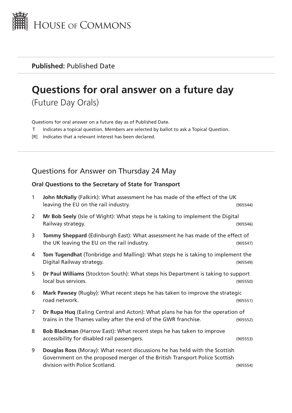 Questions for Oral Answer on a Future Day (Future Day Orals)