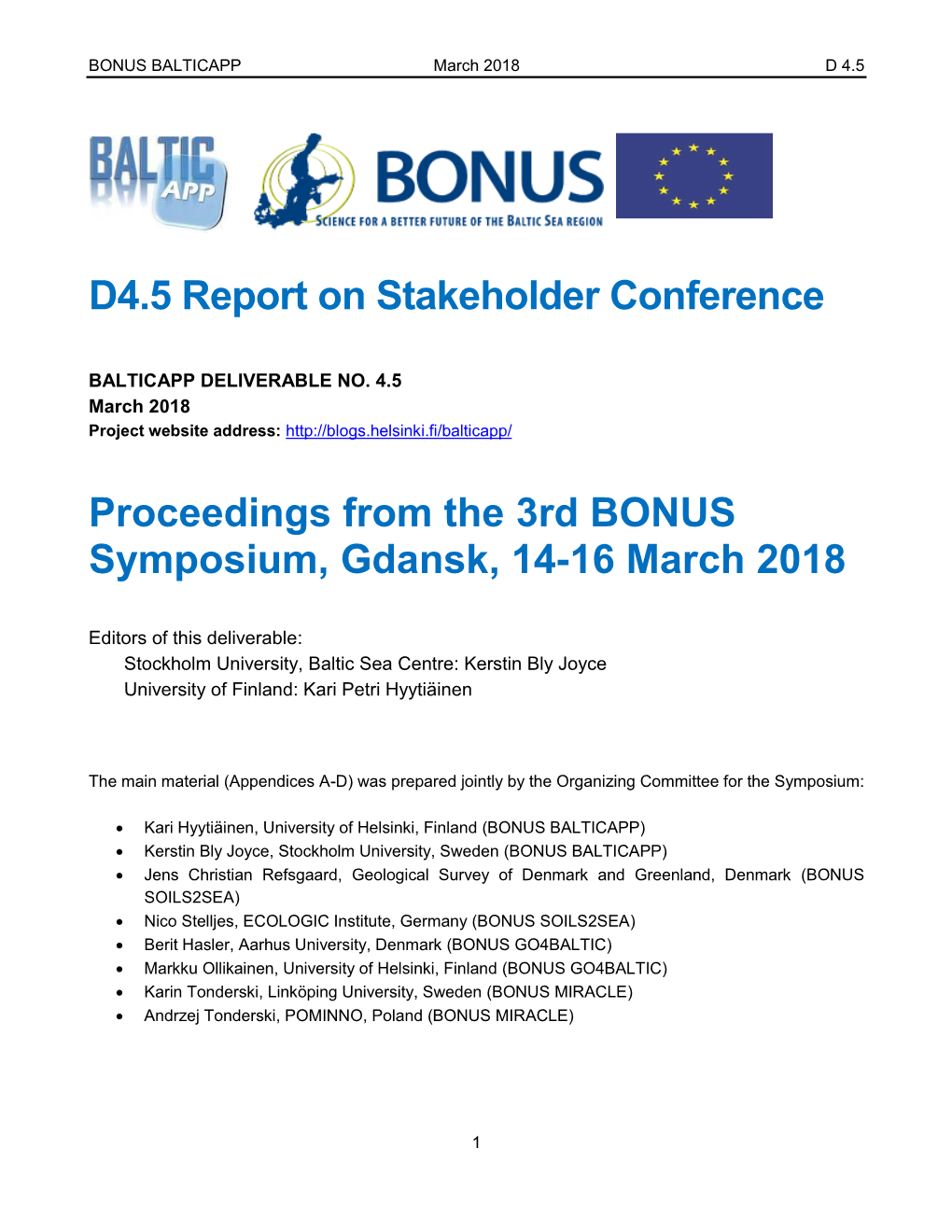 D4.5 Report on Stakeholder Conference Proceedings from the 3Rd BONUS Symposium, Gdansk, 14-16 March 2018