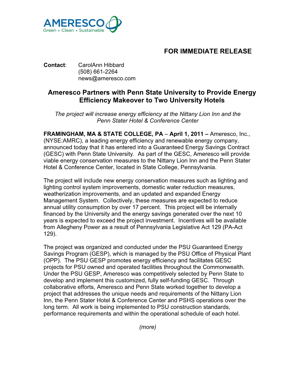 FOR IMMEDIATE RELEASE Ameresco Partners with Penn State